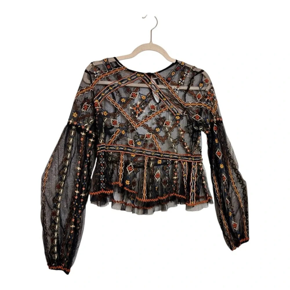 Free People Give A Little Mesh Top Black Embroidered Boho XS - Picture 5 of 10